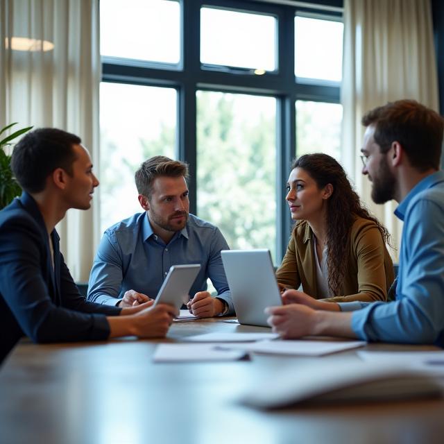 A professional team from Meridian Ink collaborating in a modern office meeting room.